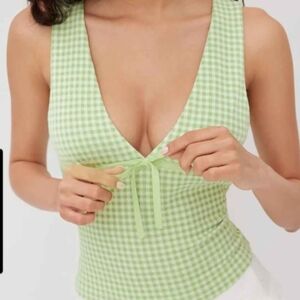 Cider Light Green Gingham V-Neck Top